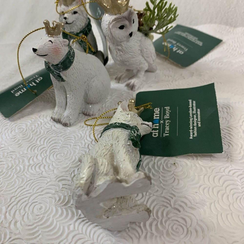 5 Christmas Tree Ornaments Fox Bear Owl with Crowns Ceramic White Green Gold Lot - Picture 14 of 16
